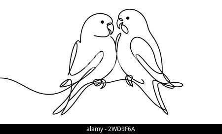 Vector one line illustration with two parrots on a branch on white background. Love birds in lineart style for greeting card, wall art and invitation Stock Vector