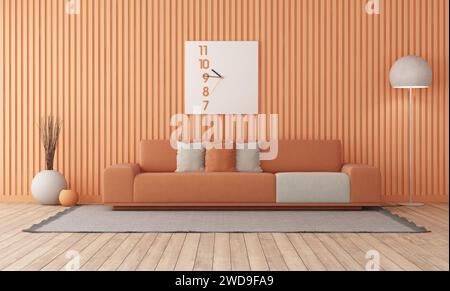Peach fuzz trend color year 2024 , with minimalist sofa, clock and floor lamp - 3d rendering Stock Photo