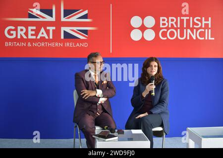 Kolkata, India. 19th Jan, 2024. Alison Barrett MBE, Director of India, British Council and Dr Debanjan Chakrabarti, Director of British Council, East and Northeast India attend the press conference at the UK Themed pavilion of 47th International Kolkata Book Fair. International Kolkata Book Fair starts on 18th of January 2024 at the Central park in Kolkata. Credit: SOPA Images Limited/Alamy Live News Stock Photo