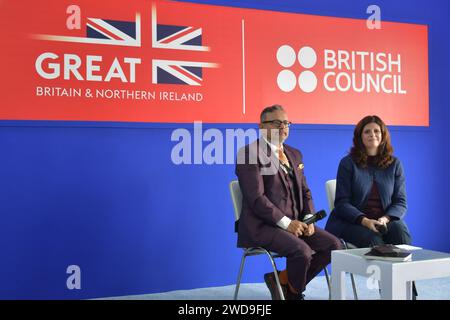 Kolkata, India. 19th Jan, 2024. Alison Barrett MBE, Director of India, British Council and Dr Debanjan Chakrabarti, Director of British Council, East and Northeast India attend the press conference at the UK Themed pavilion of 47th International Kolkata Book Fair. International Kolkata Book Fair starts on 18th of January 2024 at the Central park in Kolkata. Credit: SOPA Images Limited/Alamy Live News Stock Photo