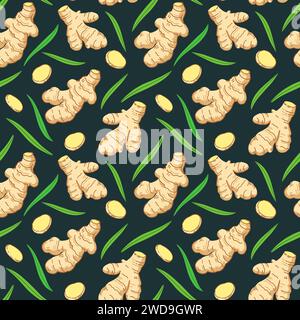Seamless pattern with ginger roots, slices and leaves. Vector illustration. Stock Vector