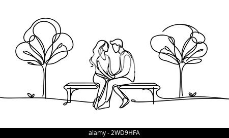 Single continuous line drawing romantic couple on bench in park. Happy man hugging and embracing woman. Couple dating celebrate wedding anniversary. O Stock Vector