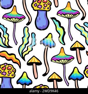 Bright colorful seamless pattern with psychedelic vivid fantasy mushrooms. Vector illustration. Stock Vector