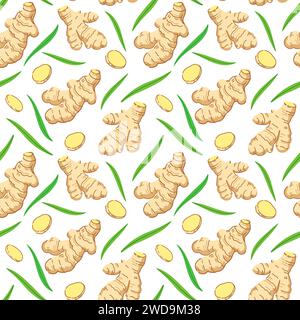 Seamless pattern with ginger roots, slices and leaves. Vector illustration. Stock Vector