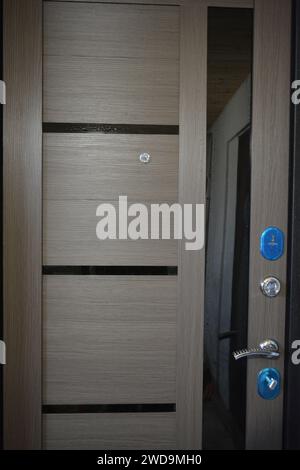 Construction and renovation works, beautiful and stylish street door. The interior of the doors is made of grey wood, glass and new accessories. Stock Photo
