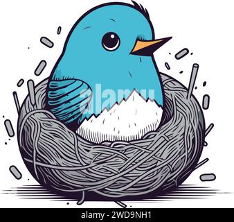 Hand drawn vector illustration of a cute blue bird in a nest. Stock Vector