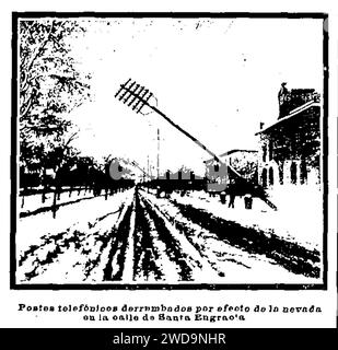 1904-12-01, Nuevo Mundo, Postes telefónicos derrumbados por efecto de la nevada en la calle de Santa Engracia, Campúa. Stock Photo