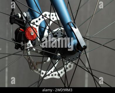 Bicycle disc brakes closeup. Break system on road bike. Stock Photo