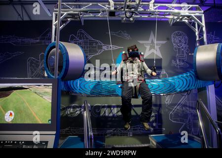 Moscow, Russia. 13th of January, 2024. A man visits the Army to Children pavilion of the Defence Minsitry during the Russia Expo international exhibition and forum at the VDNKh Exhibition Centre in Moscow, Russia Stock Photo