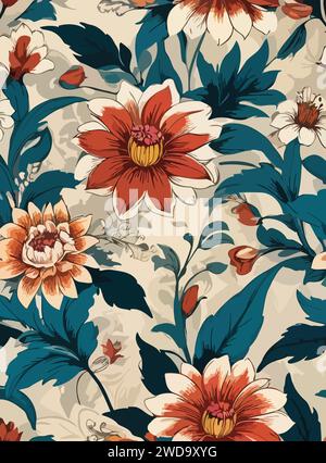 Nature's symphony in red and blue, dancing on background of warm beige, a timeless artistry of floral elegance. Stock Vector