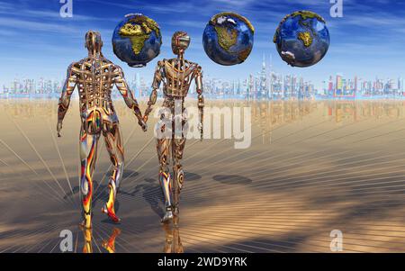 Transhuman Couple Looking At Multiple Earths Stock Photo