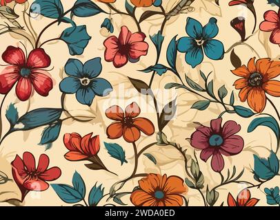 Nature's symphony in red and blue, dancing on background of warm beige, a timeless artistry of floral elegance. Stock Vector