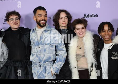 Utah. 18th Jan, 2024. Jane Shoenbrun, Justice Smith, Brigette Lundy-Paine, Lindsey Jordan (Snail Mail), Ian Foreman Film Festival Premiere Screening for I SAW THE TV GLOW Premiere at the 2024 Sundance Film Festival Library Center Theatre, Park City, Utah, January 18, 2024. Credit: JA/Everett Collection/Alamy Live News Stock Photo
