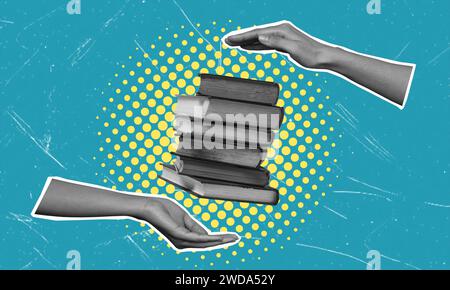 Art collage depicting hands holding many books. The concept of education and learning. Stock Photo