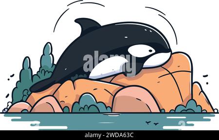 Cartoon killer whale on the rock. Vector illustration isolated on white background. Stock Vector