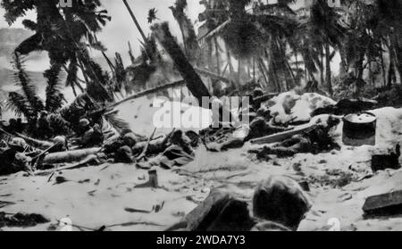 U.S. Marines seeking shelter behind battered palm trees on the beach of Tarawa in the Gilbert Islands. The assault on 20th November 1943, on the islands during the Second World War was one of the bloodiest of the war with over a 1,000 Americans killed, many injured and 5,000 Japanese troops Stock Photo