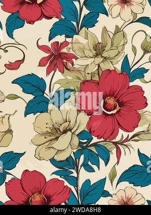 Nature's symphony in red and blue, dancing on background of warm beige, a timeless artistry of floral elegance. Stock Vector