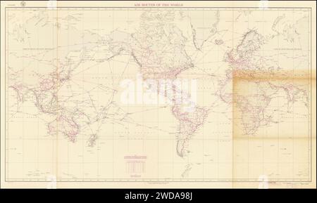 1943 map of showing the Air Routes Around The World. Stock Photo