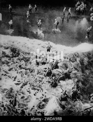 U.S. Marines wade ashore on the Pacific Marshall Islands during the Second World War, The islands, an important tactical base for the Japanese were almost completely occupied by American forces by the 5th February 1944. Stock Photo