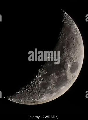 The Moon Through Telescope, Waxing Crescent Moon Stock Photo