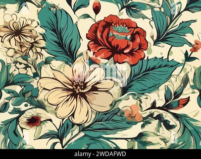 Nature's symphony in red and blue, dancing on background of warm beige, a timeless artistry of floral elegance. Stock Vector