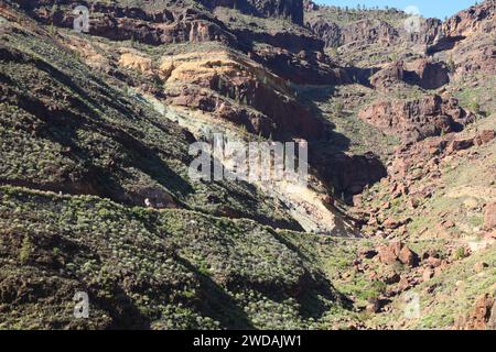 Mountain with colorful volcanic rocks in Los Azulejos de Veneguera in western Gran Canaria, Canary Islands Stock Photo
