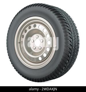 Car steel wheel with tire. 3D rendering isolated on white background Stock Photo