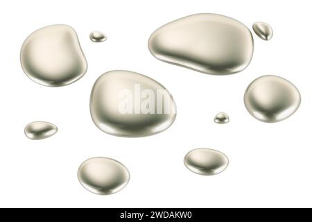 Melted silver drops, 3D rendering isolated on white background Stock Photo