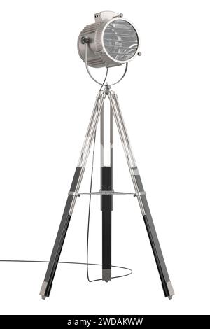 Vintage spotlight on tripod, 3D rendering isolated on white background Stock Photo