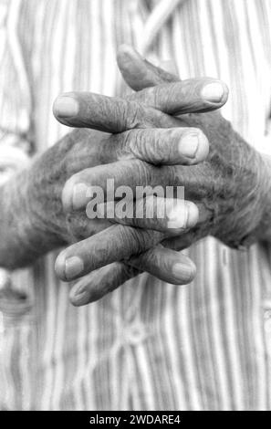 Vrancea County, Romania, 1990. Close-up of the hands of an elderly local man. Stock Photo