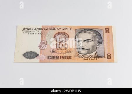 Old Peru banknote of 100 Cien Intis from 1987 year with image of Ramon Castilla Stock Photo