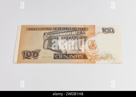 Old Peru banknote of 100 Cien Intis from 1987 year with image of Ramon Castilla Stock Photo