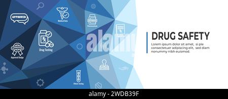 Pharmaceuticals and medications icon set w web header banner for FDA Approval Stock Vector