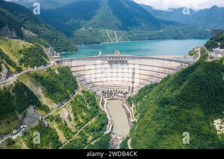 Inguri hydroelectric power plant in Georgia. Aerial view from drone of ...