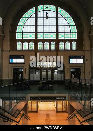 Gdansk, Poland - September 6 2023: Interior of beautifully renovated old building of main railway station in Gdansk city with big stained glass over m Stock Photo