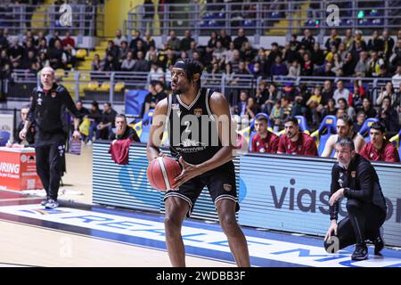 Turin Italy. 19th Jan 2024. 1 J.D. Notae Trapani Shark during Reale Mutua Basket Torino vs Trapani Shark Italian Basketball Serie A2 Men match in Turin Italy January 19 2024 Credit Independent