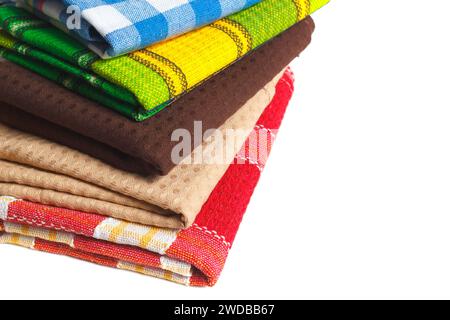 The Stack Of Colorful Kitchen Towels. Textile Dish Wipe Clothes Isolated On White With Copy Space Area For Design Elements. Stock Photo
