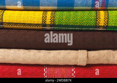 The Set Of Colorful Kitchen Towels. Closeup View With Domestic Textile Clothes For Dish Cleaning And Housekeeping. Stock Photo