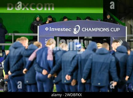 Galway, Ireland. 19th Jan, 2024. Dexcom and Investec Champions Cup branding at Dexcom Stadium, with the Bristol Bears team huddle in the foreground Credit: Don Soules/Alamy Live News Stock Photo