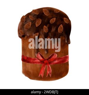 Chocolate Easter cake, hand drawn in watercolor, with almonds and a red bow. Easter decoration, chocolate cupcake, chocolate cake with frosting isolat Stock Photo