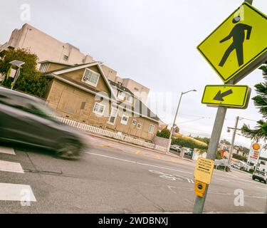 Los Angeles, CA, USA – January 19, 2024: Busy crosswalk on Fountain avenue in Los Angeles, CA. Stock Photo