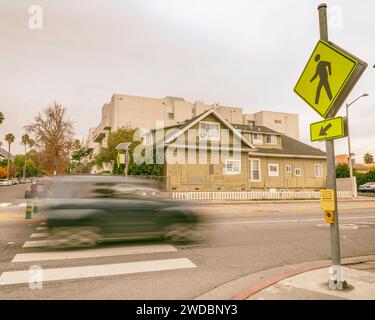 Los Angeles, CA, USA – January 19, 2024: Busy crosswalk on Fountain avenue in Los Angeles, CA. Stock Photo