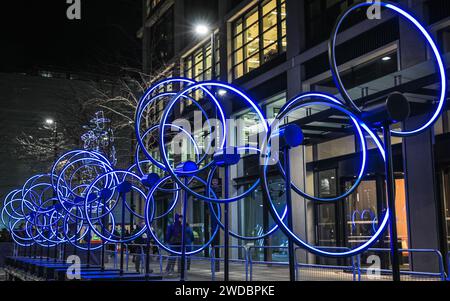 London, UK. 19th Jan, 2024. 'Kinetic Perspectives' by Juan Fuentes (Spain), inspired by optical illusionary art of the 1960s. Water Street The annual ‘Winter Lights' are spectacular free to see light installations and immersive art around Canary Wharf in East London. Credit: Imageplotter/Alamy Live News Stock Photo