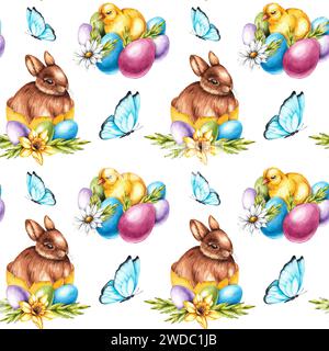 Watercolor Easter pattern with Easter bunnies and eggs. Watercolor seamless pattern of hand drawn elements for design of fabrics, wallpapers, stickers Stock Photo