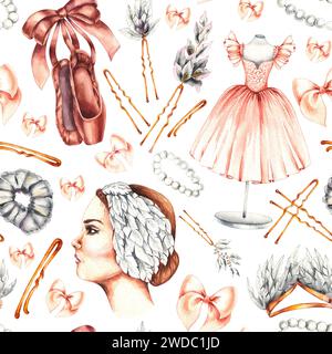 Watercolor seamless ballet pattern with ballerina, accessories on a white background. Dance pattern with hand-drawn elements for design fabrics, cards Stock Photo