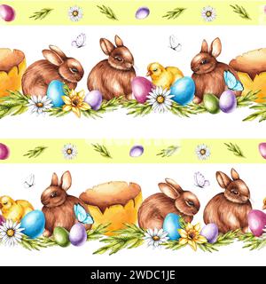 Watercolor seamless Easter pattern with bunnies, eggs on a striped background. Cute Easter pattern with hand drawn elements for design fabrics, cards, Stock Photo