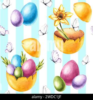 Watercolor seamless Easter pattern with eggs on a striped background. Cute Easter pattern with hand drawn elements for design fabrics, cards, gift wra Stock Photo