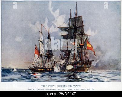 Charles Edward Dixon HMS Speedy capturing Spanish frigate El Gamo Lord Thomas Cochrane 1801. Stock Photo