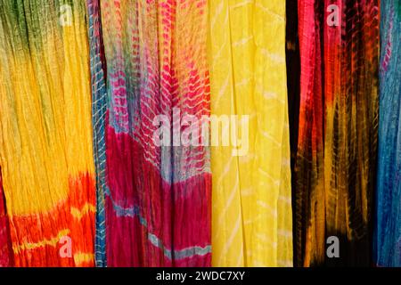 Coloured silk scarves, street market, Jaisalmer, Rajasthan, India Stock Photo