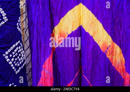 Coloured silk scarves, street market, Jaisalmer, Rajasthan, India Stock Photo